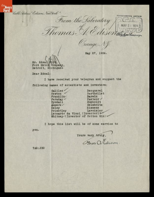 Letter from Thomas Edison to Edsel Ford regarding Names to Engrave on Ford Engineering Laboratory, May 27, 1924