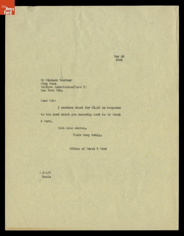 Letter from the Office of Edsel Ford to Richard Trotter, Sending a Donation, March 28, 1924