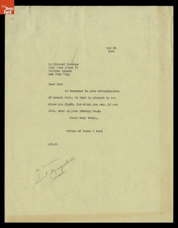 Letter from the Office of Edsel Ford to Richard Trotter, Ordering a Drawing, December 24, 1924
