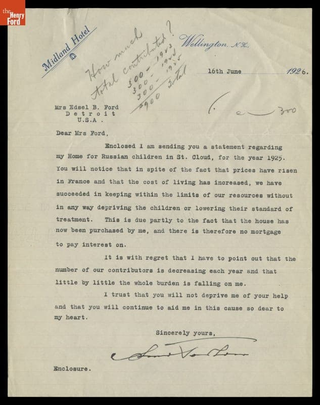 Letter from Anna Pavlowa to Eleanor Clay Ford, June 16, 1926