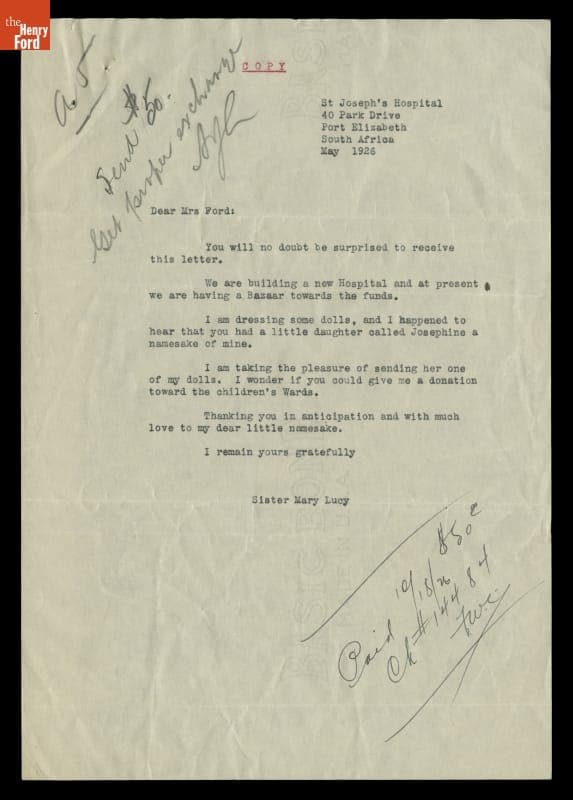 Request for a Donation from Sister Mary Lucy of St. Joseph's Hospital to Eleanor Clay Ford, May 1926