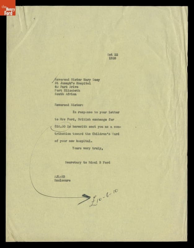 Reply from the Office of Edsel Ford to Sister Mary Lucy at St. Joseph's Hospital, October 22, 1926