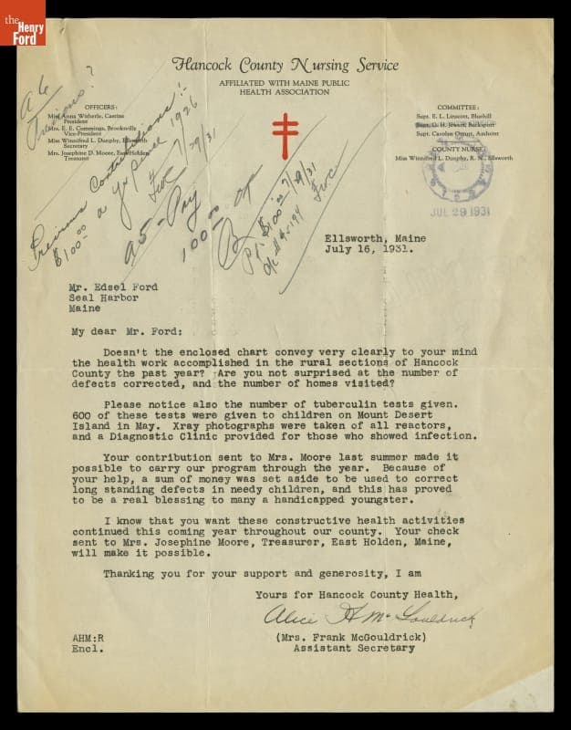 Fundraising Letter from Alice McGouldrick, Hancock County Nursing Service, to Edsel Ford, July 16, 1931