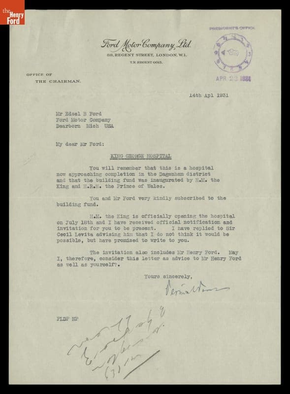 Letter from Percival Perry Inviting Edsel Ford to the Official Opening of King George Hospital, April 14, 1931