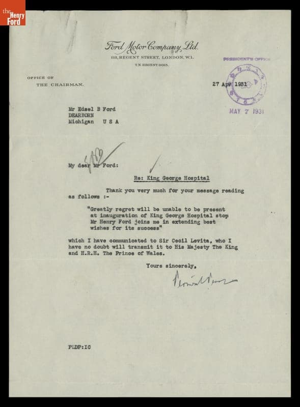 Letter of Thanks to Edsel Ford from Percival Perry regarding King George Hospital, April 27, 1931