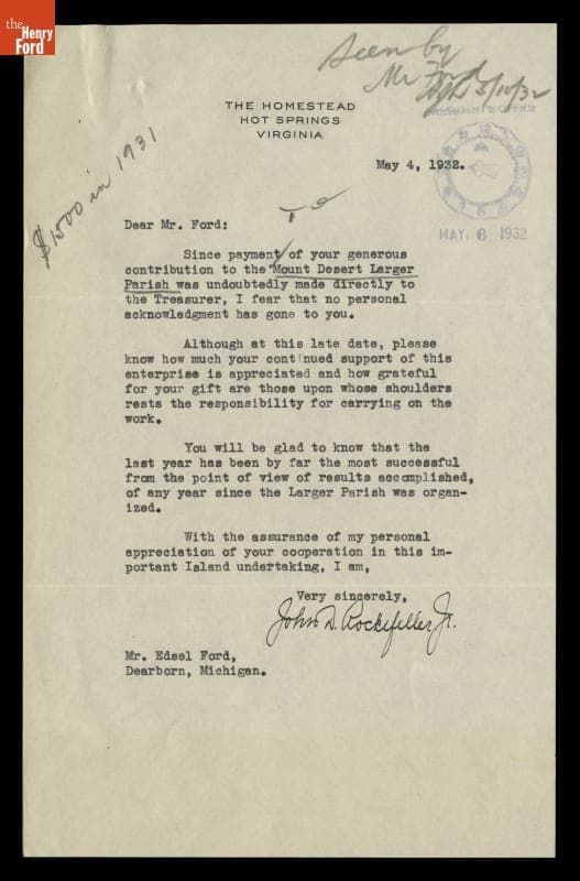 Letter from John D. Rockefeller, Jr. to Edsel Ford regarding Mount Desert Parish Donation, May 4, 1932