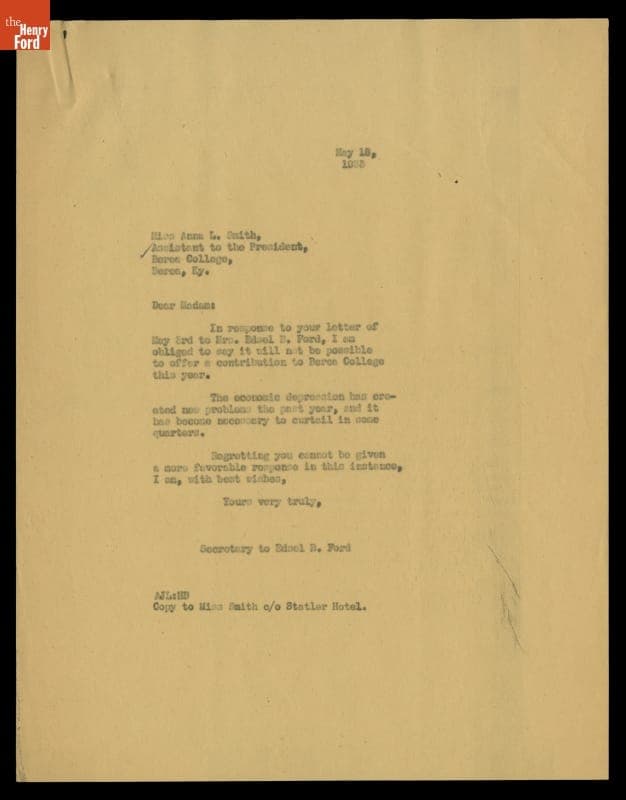 Letter from the Office of Edsel Ford to Anna L. Smith regarding Donation to Berea College, May 18, 1933