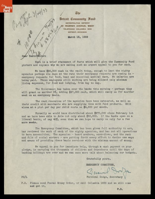 Letter from Percival Dodge to Edsel Ford regarding Donation to The Detroit Community Fund, March 15, 1933