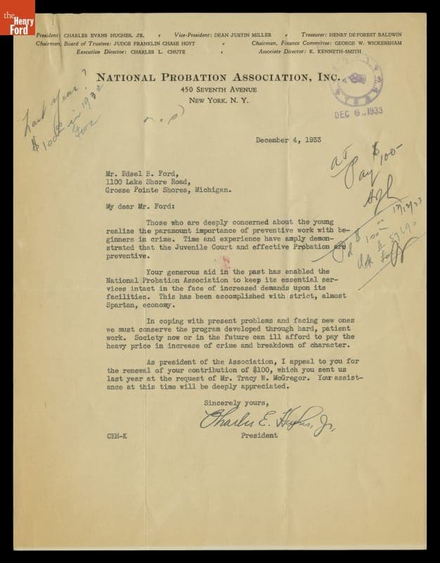 Letter to Edsel Ford regarding Donation to the National Probation Association, December 4, 1933