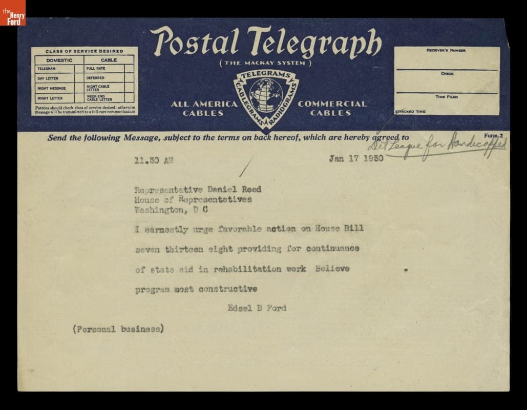 Telegram from Edsel Ford to Representative Daniel Reed Supporting U. S. House Bill 7138, January 17, 1930