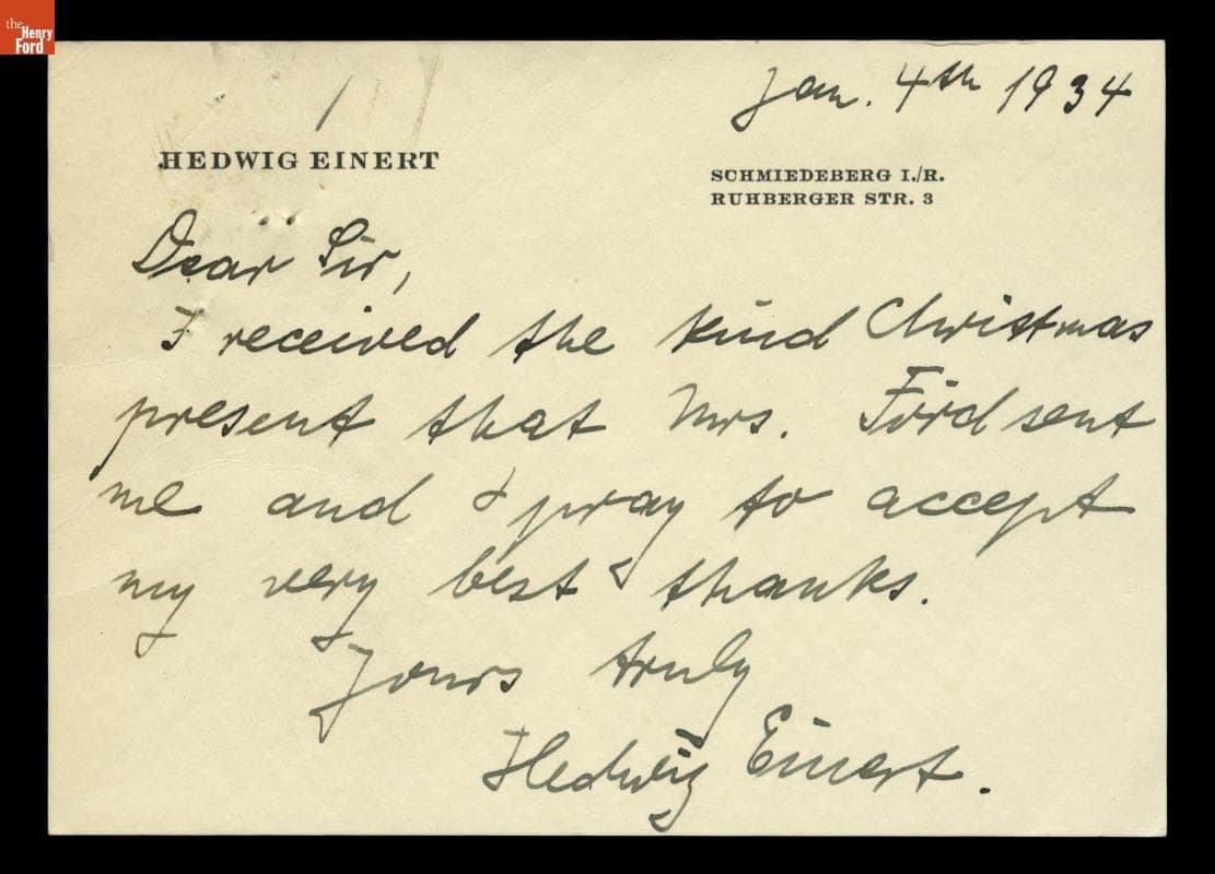 Letter of Thanks from Hedwig Einert for Donation toward Christmas Gifts for the Poor, January 4, 1934