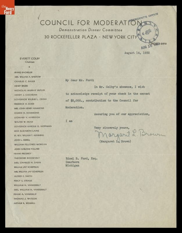 Letter of Thanks from Margaret Brown, Council for Moderation, to Edsel Ford, August 14, 1935