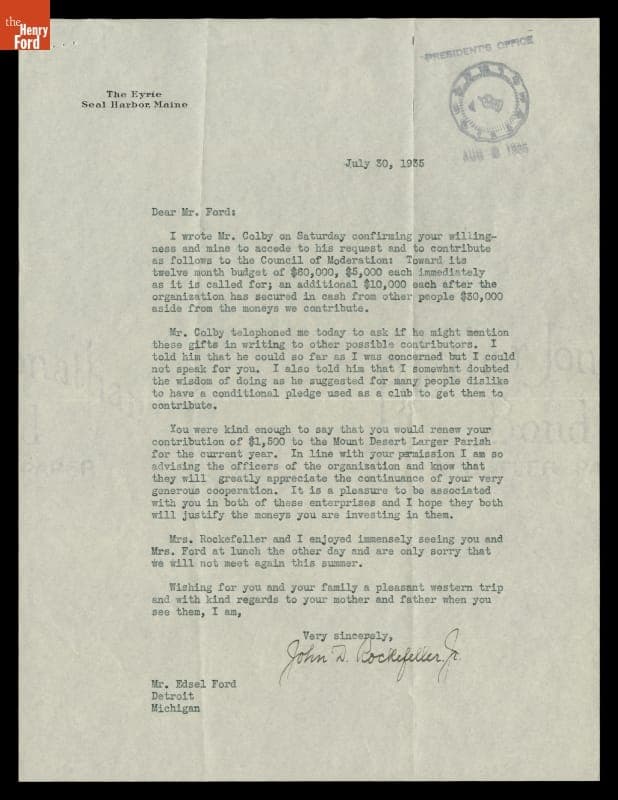 Letter from John D. Rockefeller, Jr. to Edsel Ford regarding Donations to Mount Desert Parish and Council for Moderation, July 30, 1935