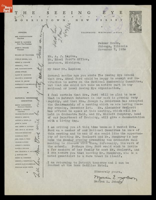 Letter from Marian E. Jobson, The Seeing Eye Guide Dog School, to A. J. Lepine (for Edsel Ford), November 7, 1936