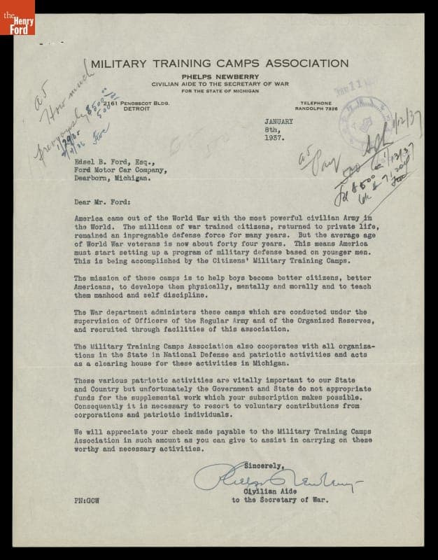 Letter from Phelps Newberry, Military Training Camps Association, to Edsel Ford, January 8, 1937
