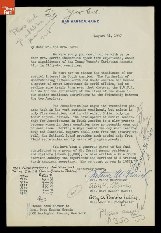 Fundraising Letter from Young Women's Christian Association of Bar Harbor, Maine to Edsel and Eleanor Ford, August 31, 1937
