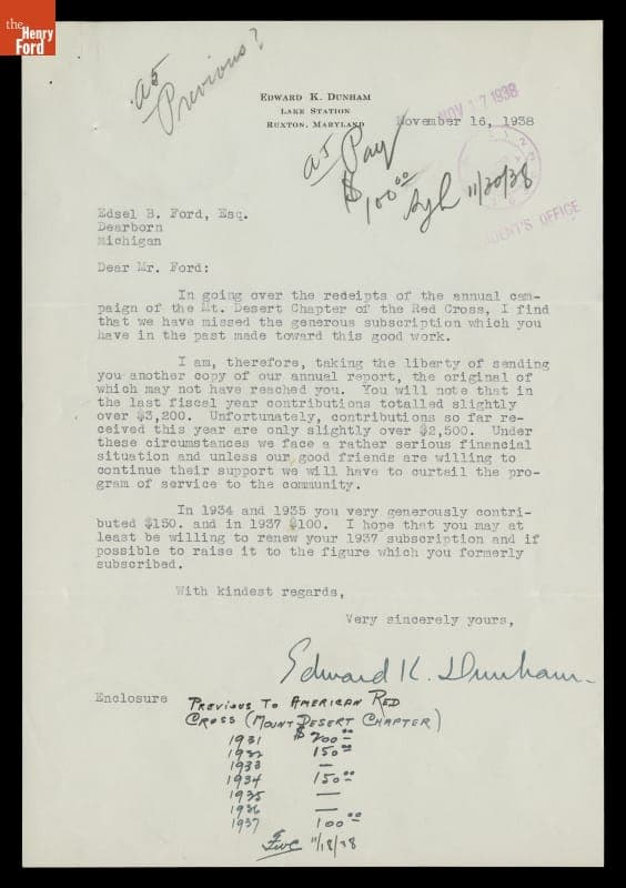 Fundraising Letter from Edward K. Dunham, American Red Cross, to Edsel Ford, November 16, 1938