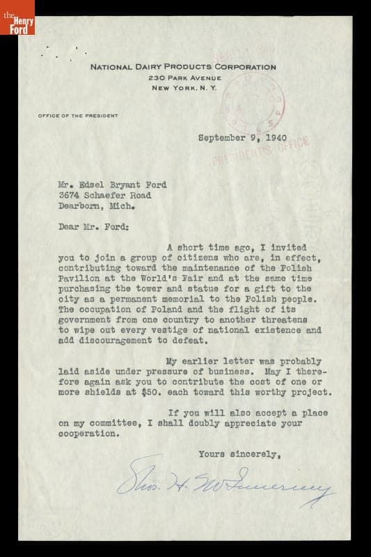 Letter from Thomas H. McInnerney to Edsel Ford regarding the Invasion and Occupation of Poland, September 9, 1940