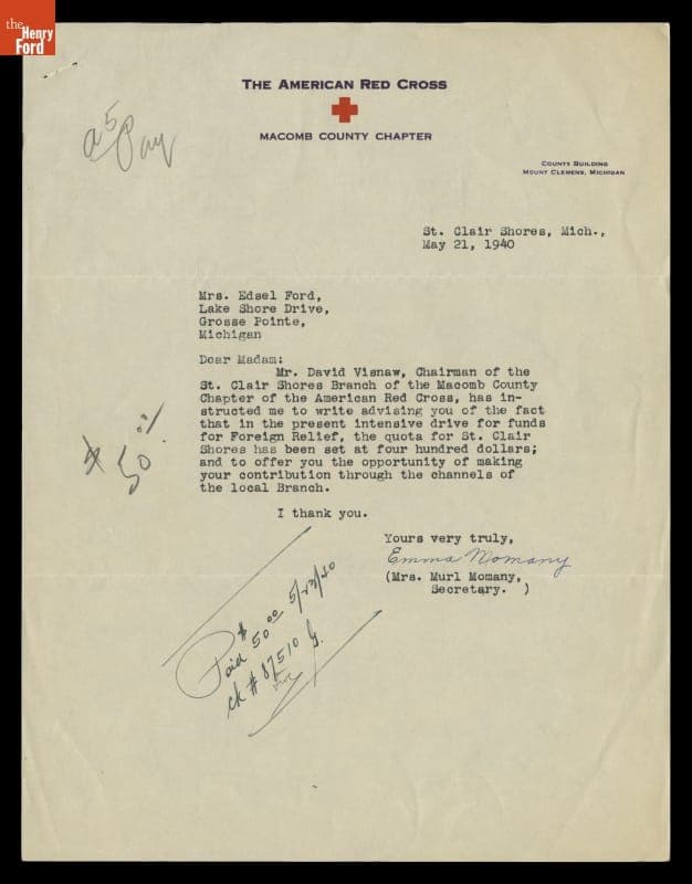 Fundraising Letter from Emma Momany, Macomb County Chapter of The American Red Cross, to Eleanor Ford, May 21, 1940