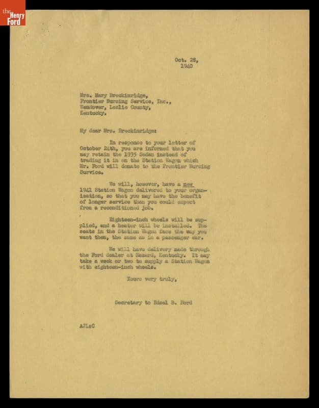 Letter from A. J. Lepine (for Edsel Ford) to Mary Breckinridge regarding Car Donation to Frontier Nursing Service, October 28, 1940