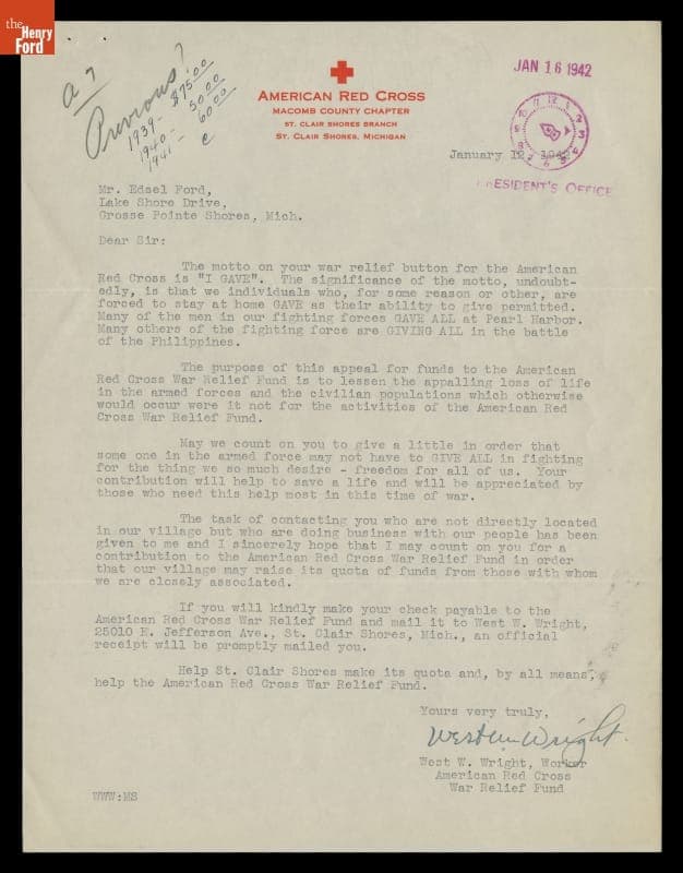 Fundraising Letter from West W. Wright, American Red Cross War Relief Fund, to Edsel Ford, January 12, 1942