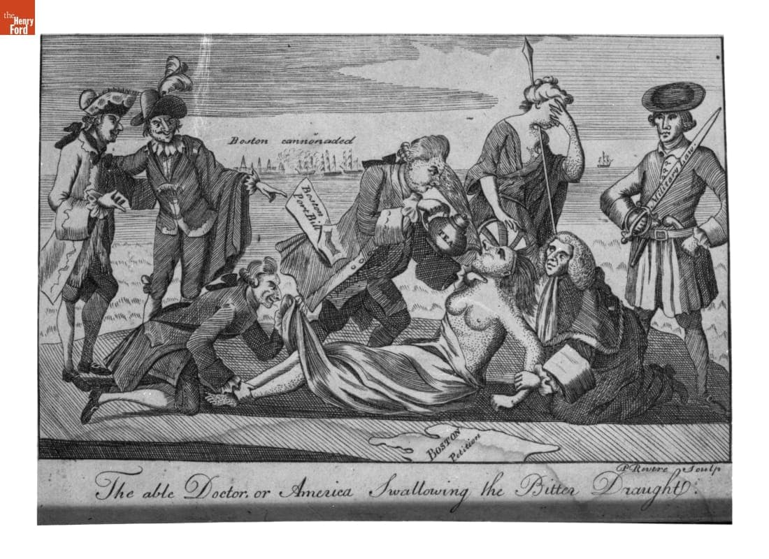 Engraving, "The Able Doctor, or America Swallowing the Bitter Draught," 1774
