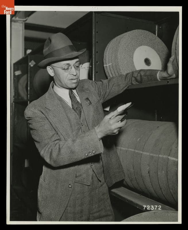 James Price Inspecting Emery Wheels at the Motor Building, Ford Rouge Plant, September 1939