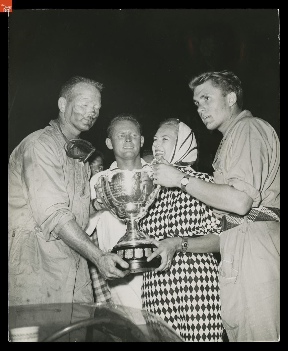 Lance Reventlow, Chuck Daigh, and Carroll Shelby with Trophy, Nassau Speed Week, December 1958