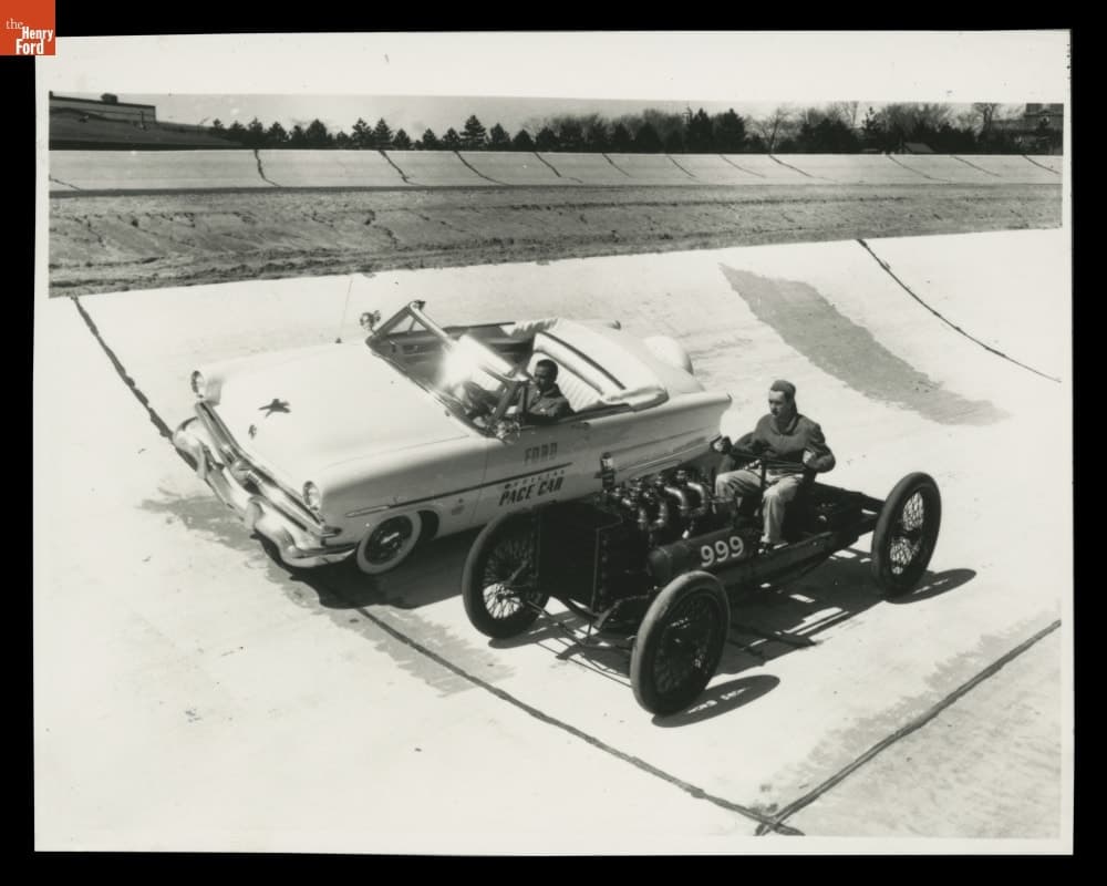 William Clay Ford in 1953 Indianapolis 500 Pace Car, Ken Schuntz in "999" Racer, Ford Test Track, April 1953