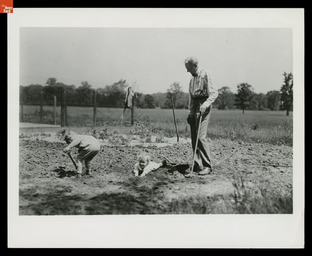 Henry Ford II, Benson Ford, and Henry Ford in Garden at Fair Lane, Dearborn, Michigan, 1922