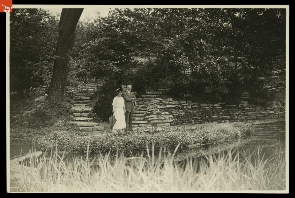 Clara Ford and Henry Ford in the Rock Garden Designed by Jens Jensen, Fair Lane, Dearborn, Michigan, circa 1920