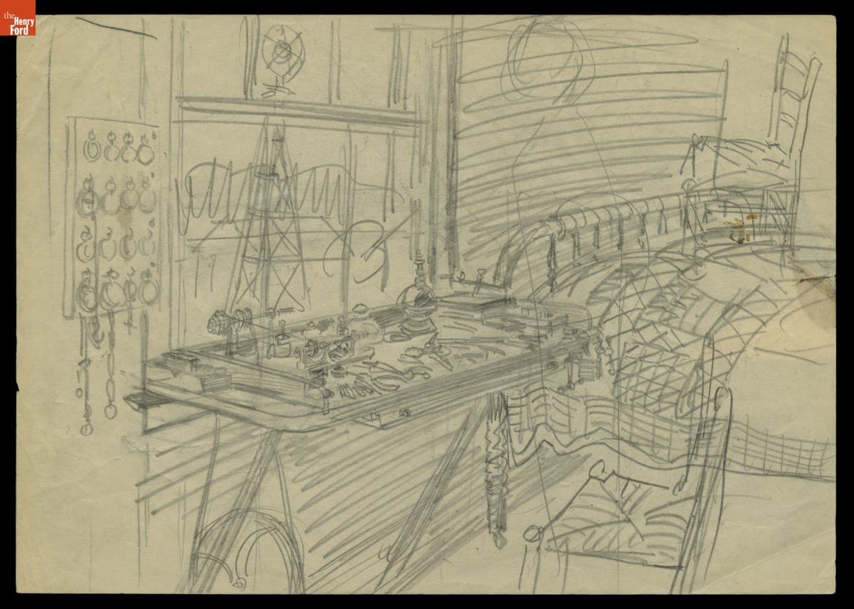 Irving Bacon Drawing of Young Henry Ford's Workbench in His Family's Home (Now Ford Home in Greenfield Village)