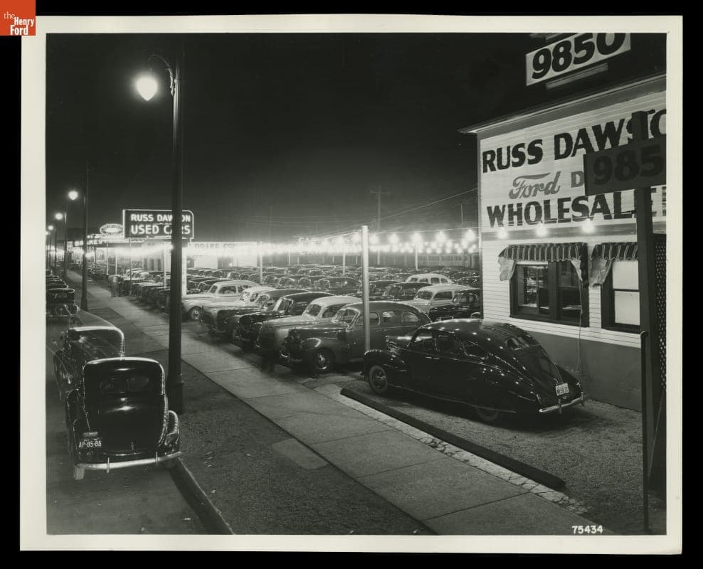 Used Car Lot at Russ Dawson Ford Dealership, Detroit, Michigan, 1941