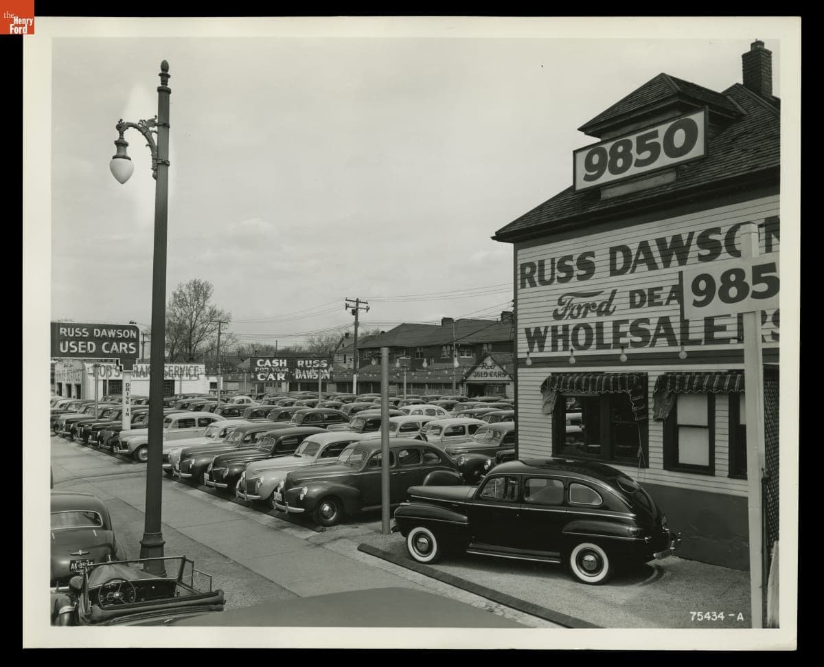 Used Car Lot at Russ Dawson Ford Dealership, Detroit, Michigan, April 1941