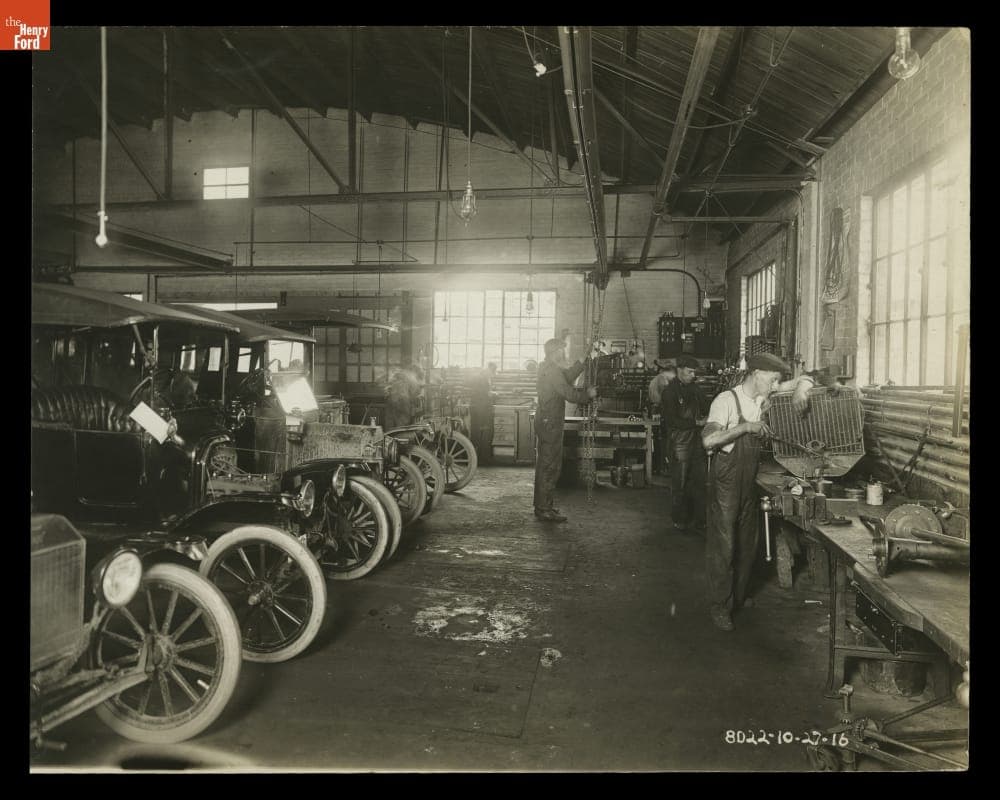 Mechanics Working in Ford Service Garage, View Showing Overhead Monorail and Repair Bench, Pontiac, Michigan, 1916
