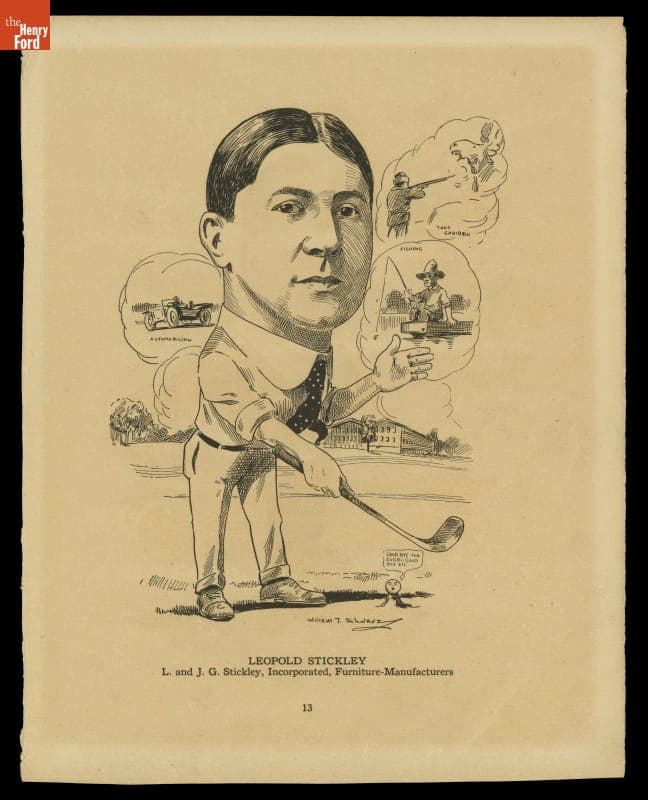 Caricature by William T. Schwarz of Leopold Stickley Playing Golf, circa 1915