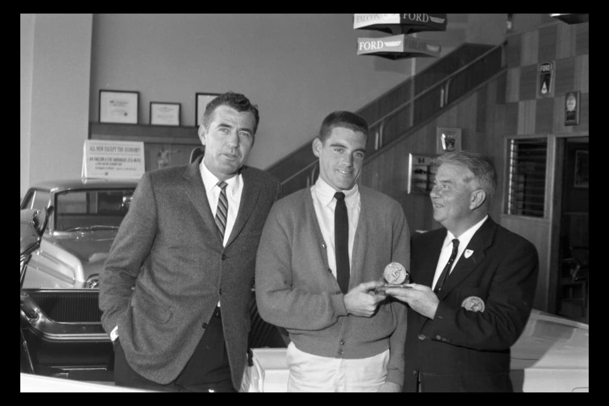 Dave MacDonald Accepting Helms Athletic Foundation's "Athlete of the Month" Award, October 1963