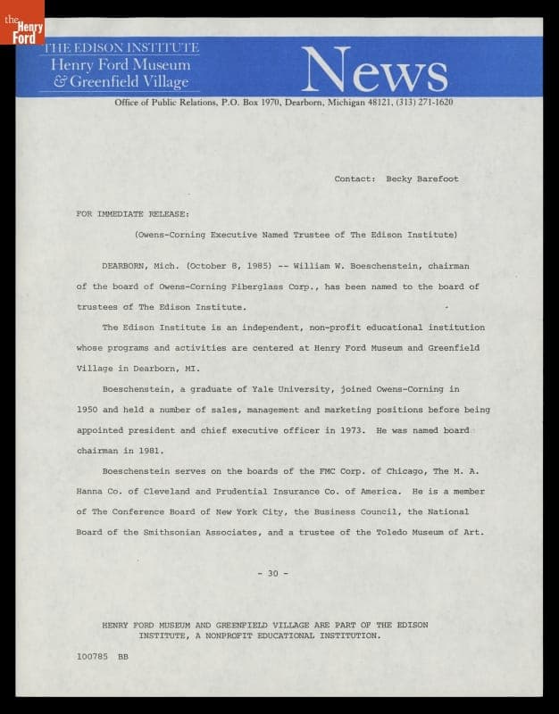 Press Release, "Owens-Corning Executive Named Trustee of The Edison Institute," October 8, 1985