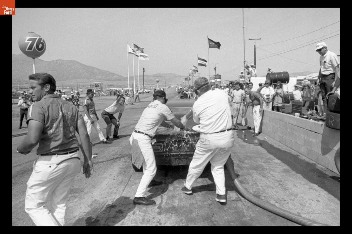 Mark Donohue Making Pit Stop in Chevrolet Camaro at Mission Bell 250 Trans-Am, Riverside, California, September 1968