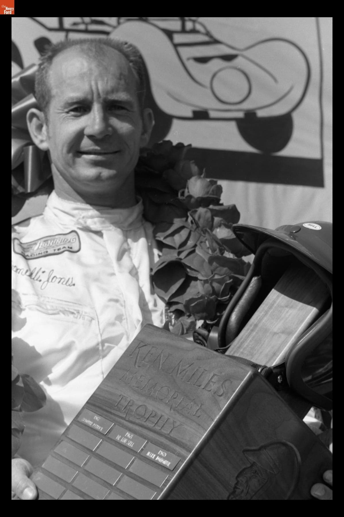 Parnelli Jones with the Ken Miles Memorial Trophy at Laguna Seca Trans-Am Race, April 1970