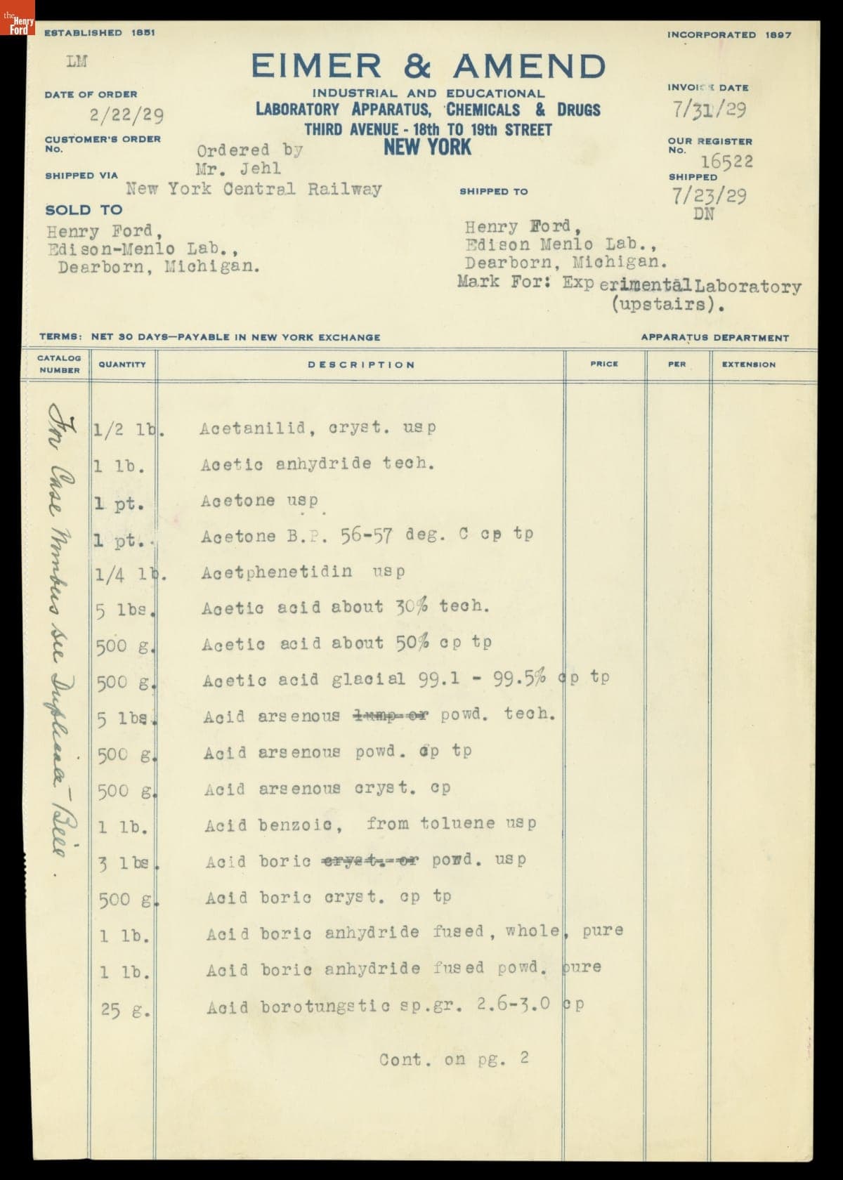 Invoice for Chemicals to be Exhibited in Menlo Park Laboratory in Greenfield Village, July 31, 1929