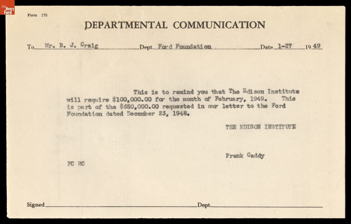 Memorandum from Frank Caddy to B.J. Craig of the Ford Foundation, January 27, 1949