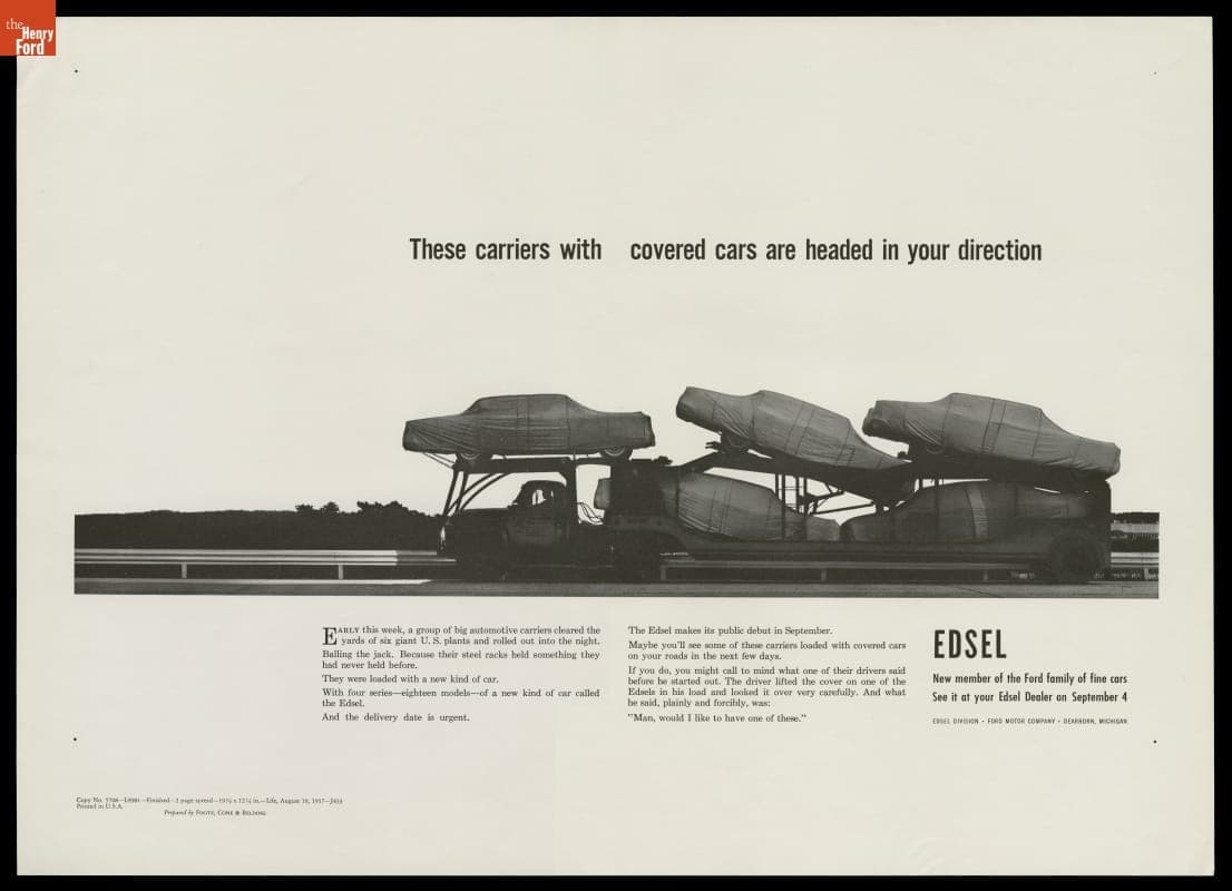 1958 Edsel Advertisement, "These Carriers with Covered Cars Are Headed in Your Direction"