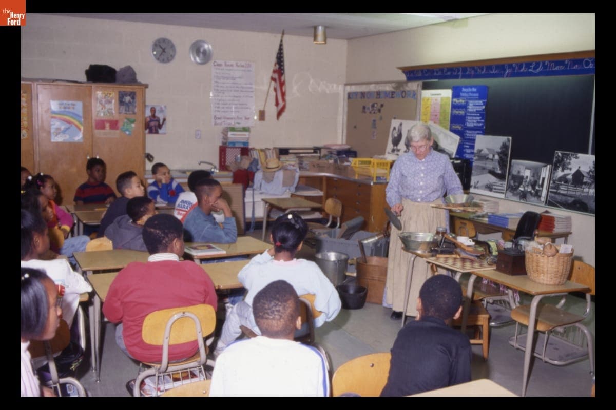 A "Time Traveler" from The Henry Ford  Visits Woodward School, Detroit, Michigan, 1991