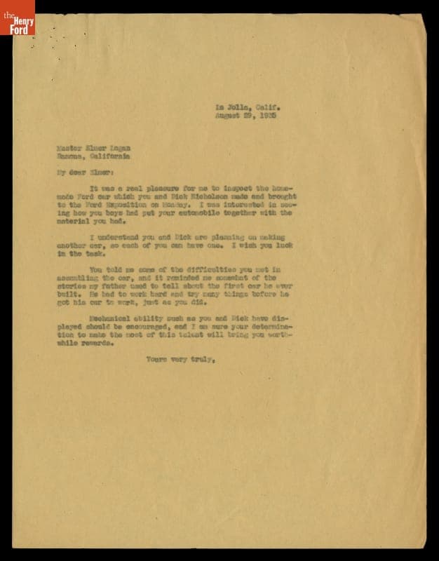 Letter from Edsel Ford to Elmer Logan regarding "Jalopy Day" at the Ford Building, California Pacific International Exposition, 1935