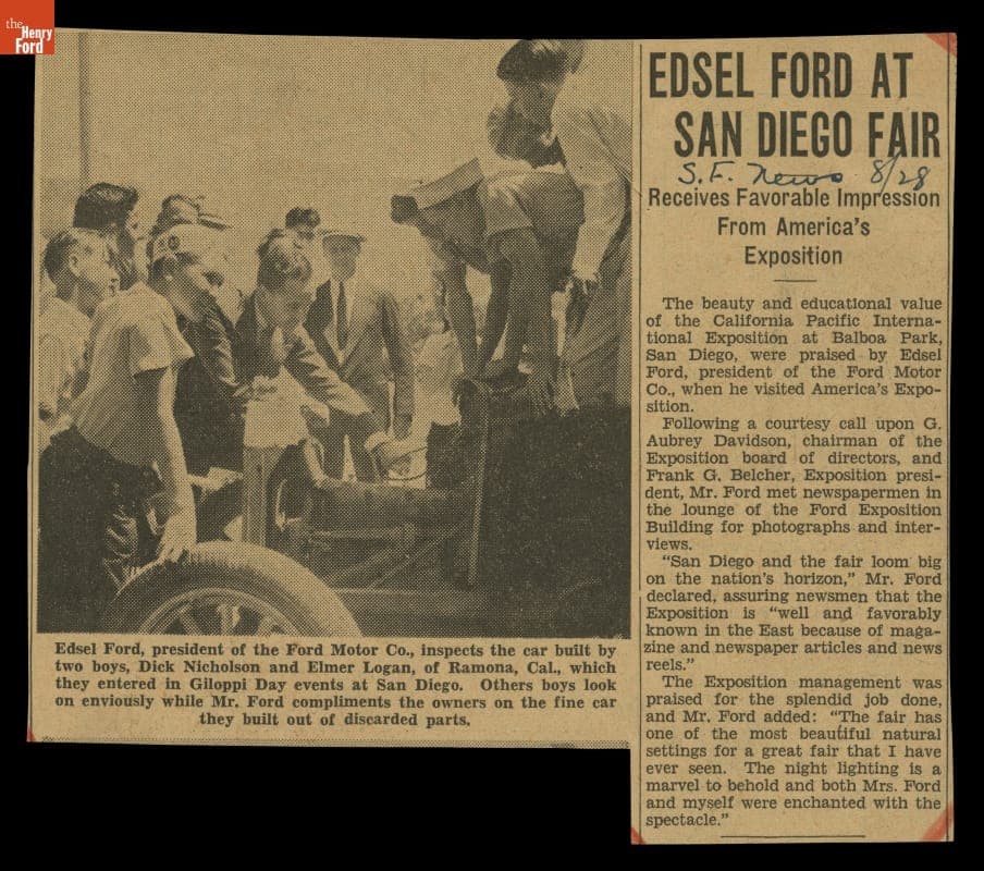 Newspaper Clipping, "Edsel Ford at San Diego Fair," San Francisco News, August 28, 1935