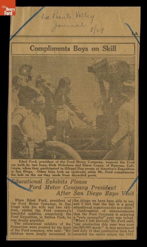Newspaper Clipping, "Compliments Boys on Skill," La Puente Valley Journal, August 29, 1935