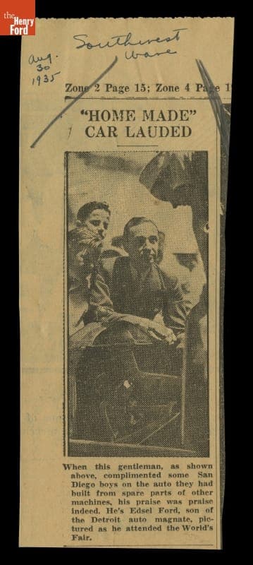 Newspaper Clipping, "Home Made Car Lauded," August 30, 1935