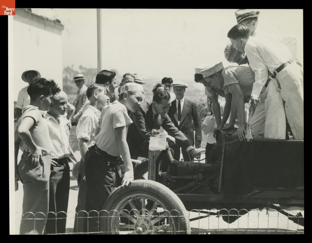 Edsel Ford at "Jalopy Day," Ford Exhibit Building, California Pacific International Exposition, August 1935