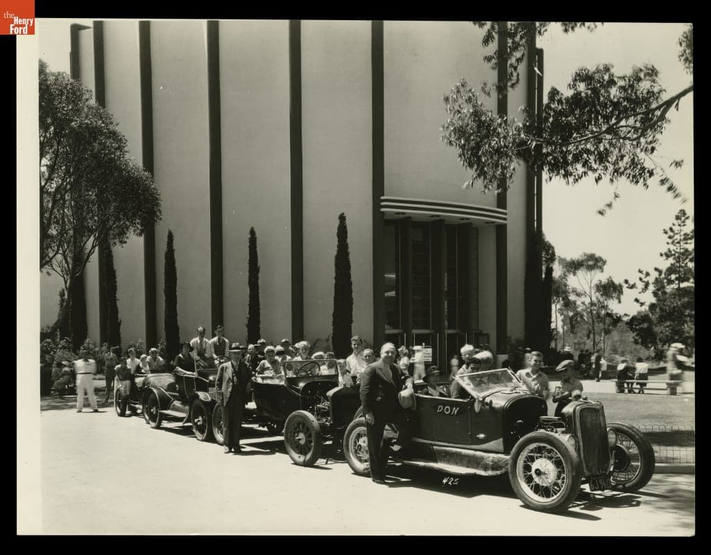 San Diego Mayor Percy J. Benbough at "Jalopy Day," Ford Exhibit Building, California Pacific International Exposition, 1935